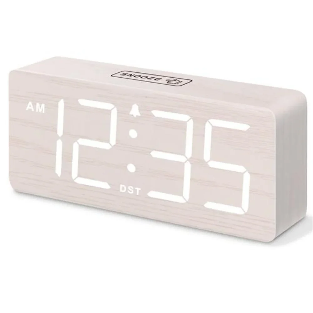 Wooden digital alarm clock large numbers loud alarm dimmer bedside plug in desk